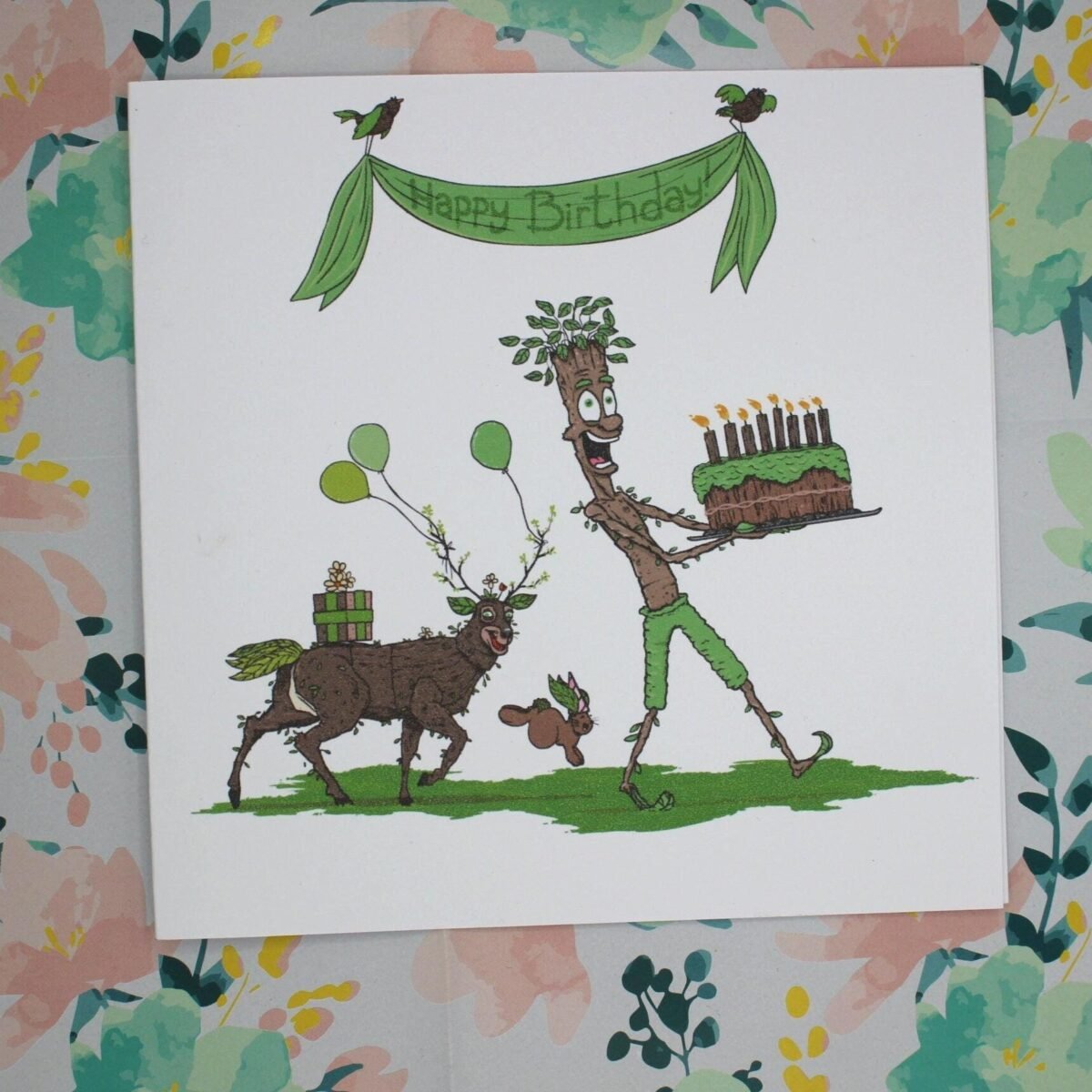 Funny Twig Stick Man Birthday Card: Woodland Deer & Cake