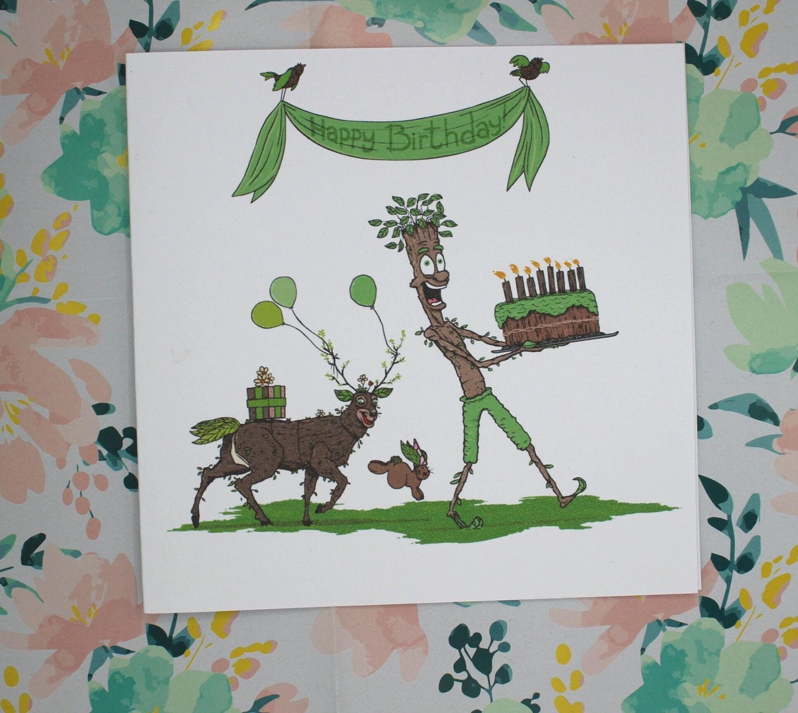 Funny Twig Stick Man Birthday Card: Woodland Deer & Cake