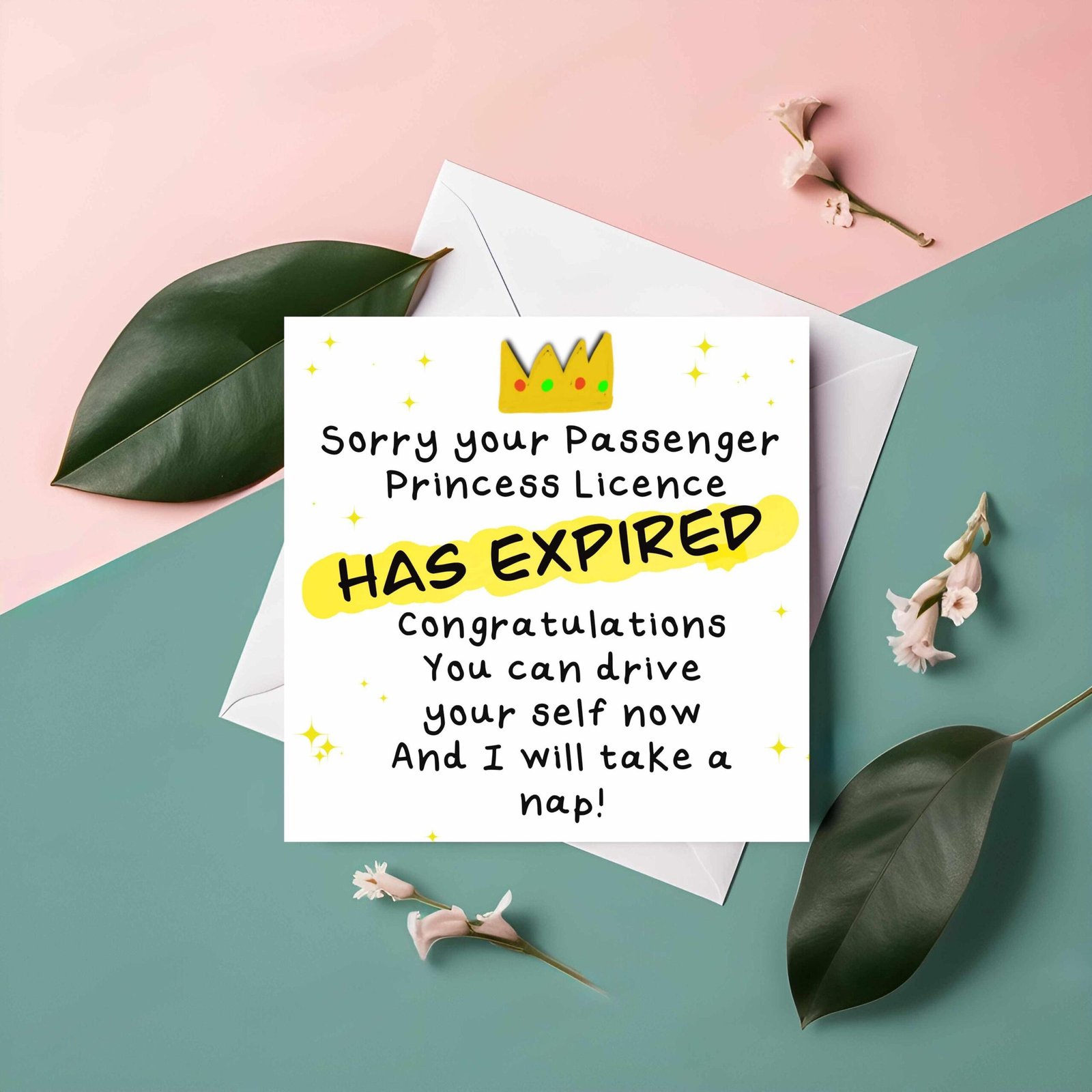 Passenger Princess Driving Card – Funny Passed Test Card – Witty Square Greeting with Pink Envelope
