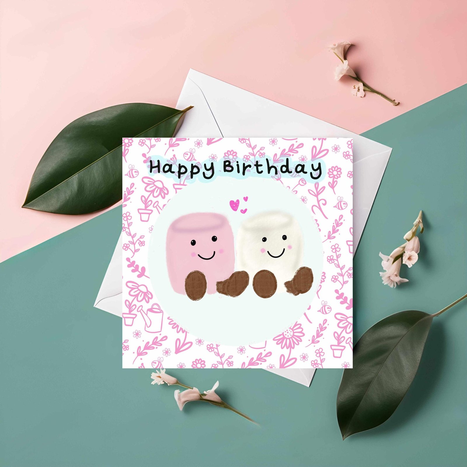 Kawaii Marshmallow Birthday Card – Pastel Pink Design