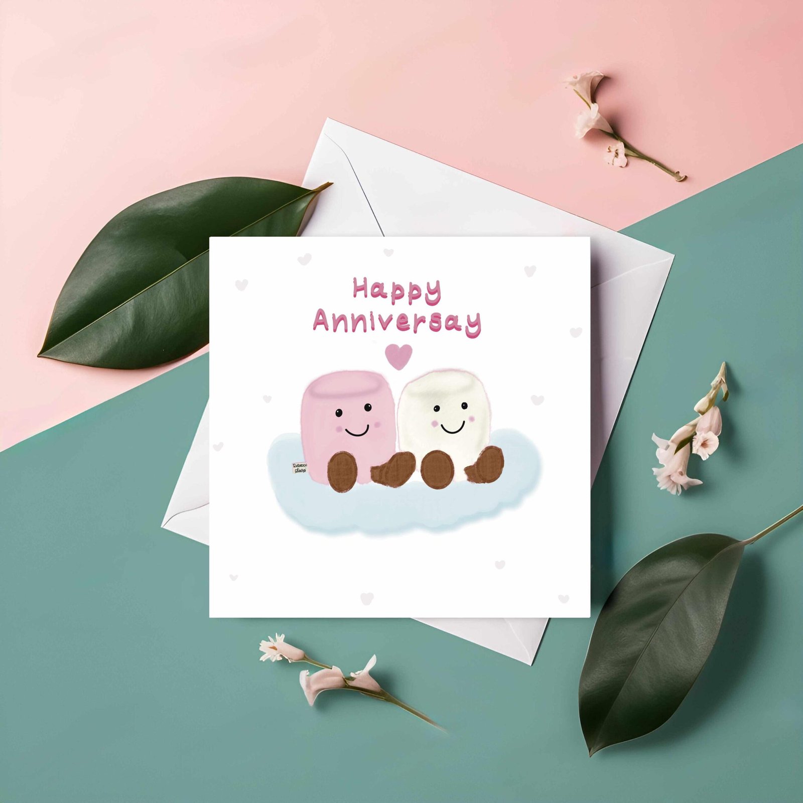 Marshmallow Couple Anniversary Card – Pink & White Design