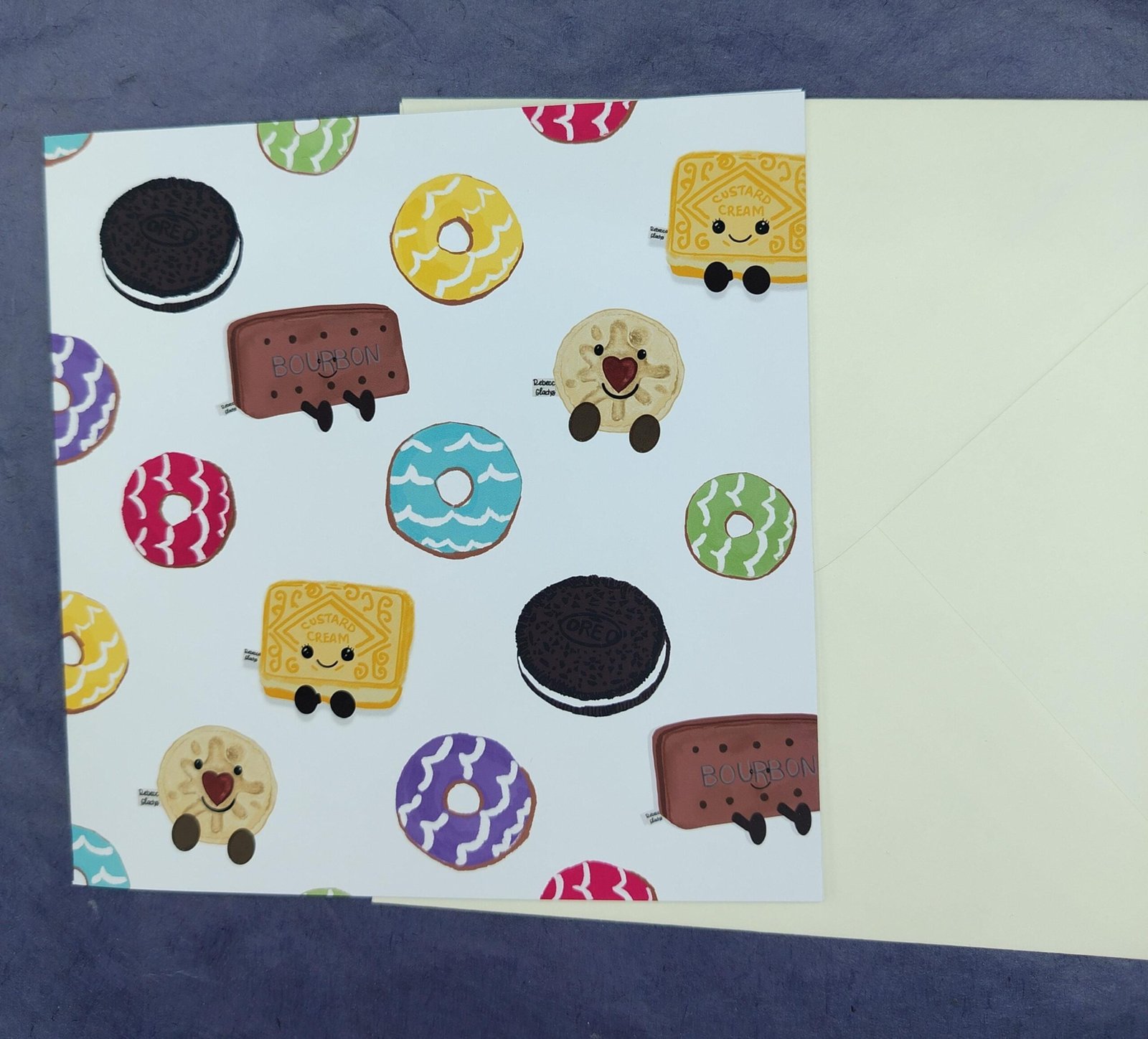 Biscuit Card: Custard Cream, Bourbon, Oreo, Party Rings Pattern - Square Greeting Card - Image 46