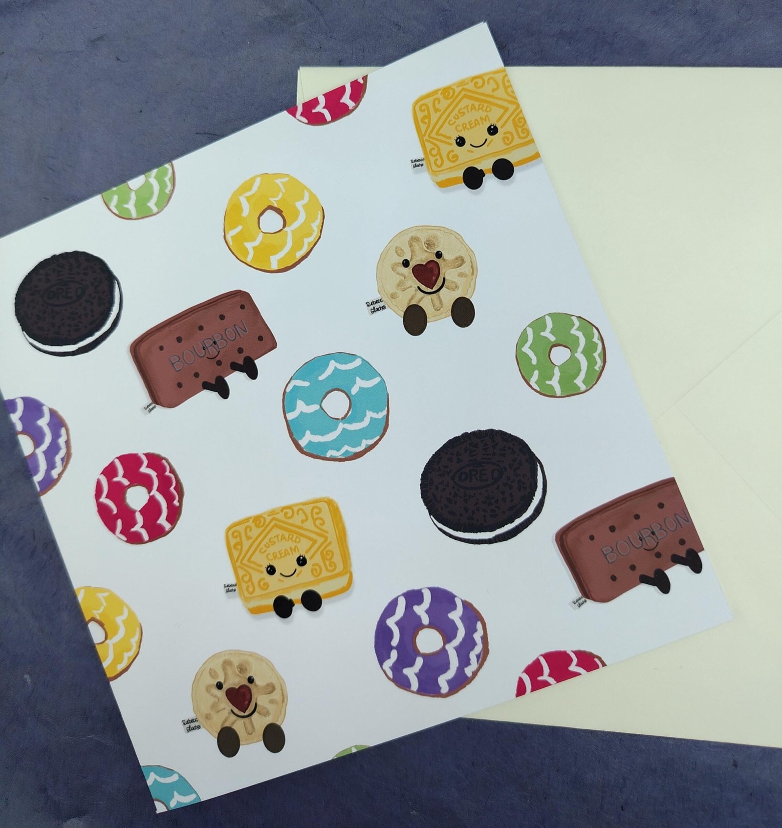 Biscuit Card: Custard Cream, Bourbon, Oreo, Party Rings Pattern - Square Greeting Card - Image 39