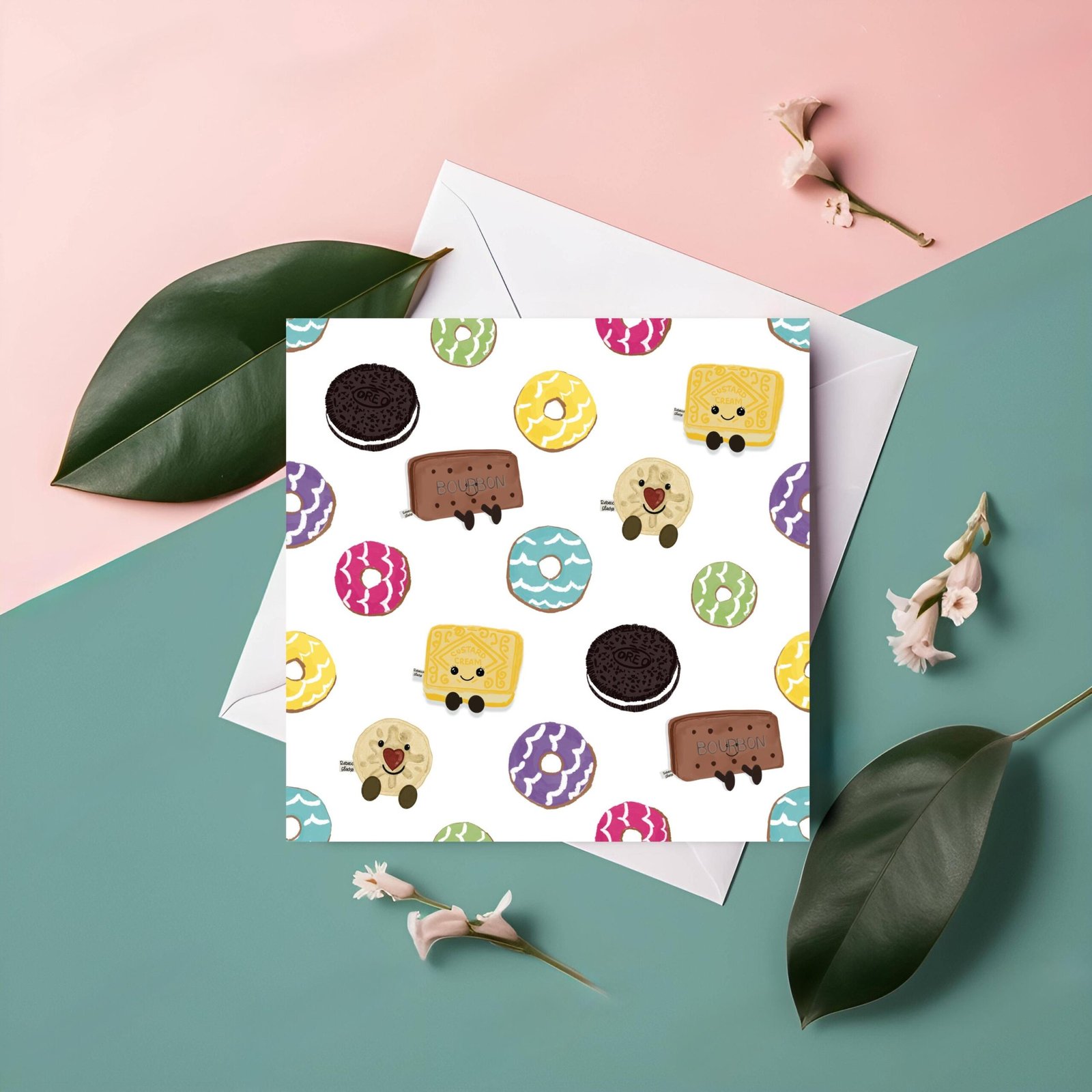 Biscuit Card: Custard Cream, Bourbon, Oreo, Party Rings Pattern - Square Greeting Card