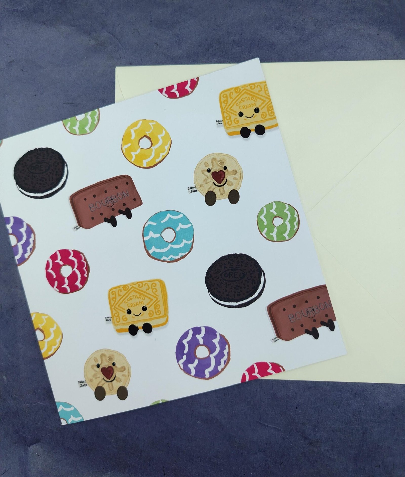 Biscuit Card: Custard Cream, Bourbon, Oreo, Party Rings Pattern - Square Greeting Card - Image 42