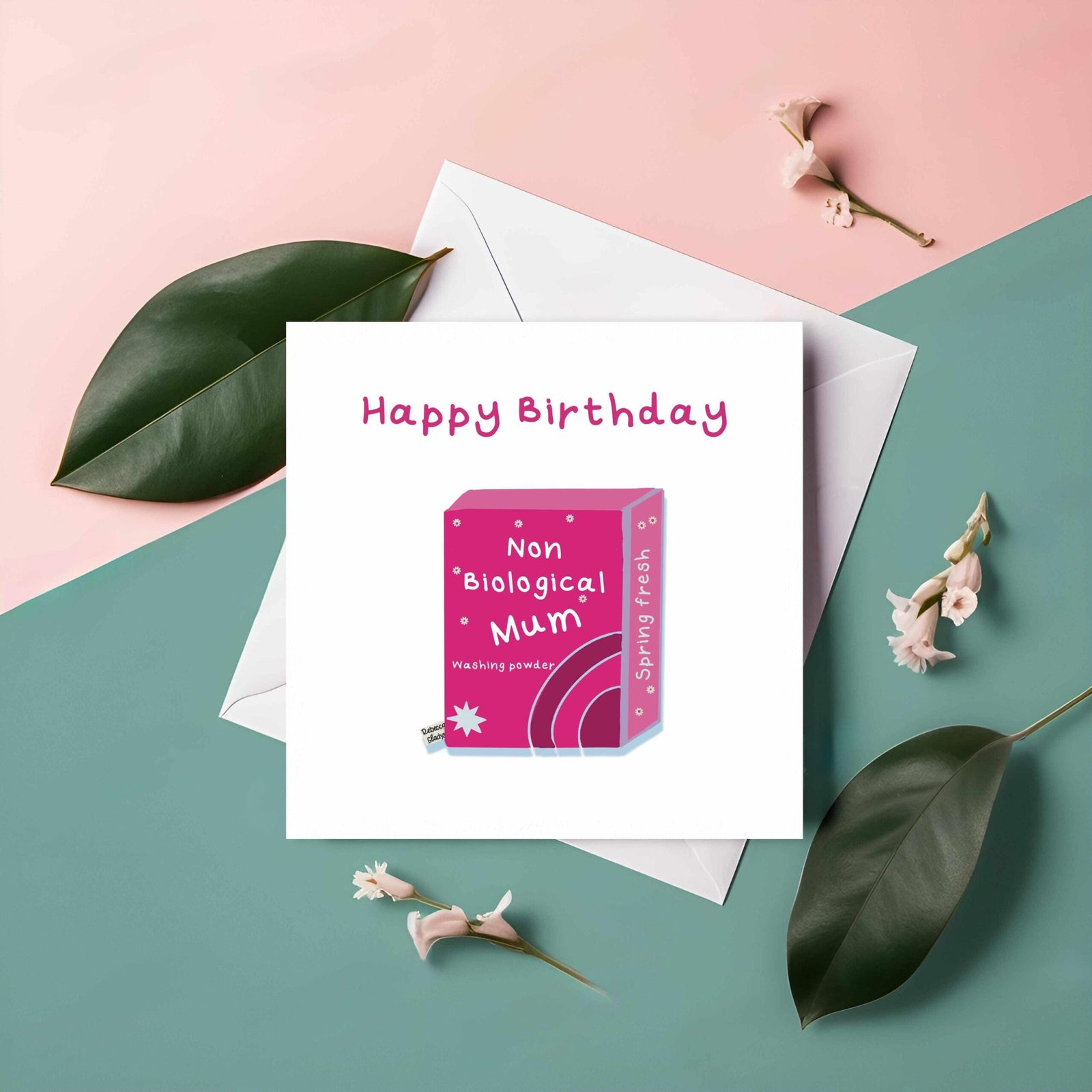 Funny Step Mum Birthday Card: Pink Washing Powder Design non bio