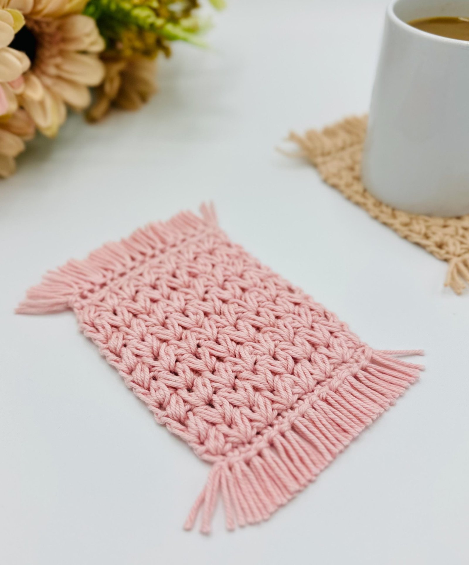 Cotton Mug Rug Coaster, Fringe Drink Coaster, Stocking Stuffer, Coffee and Tea Lover Gifts