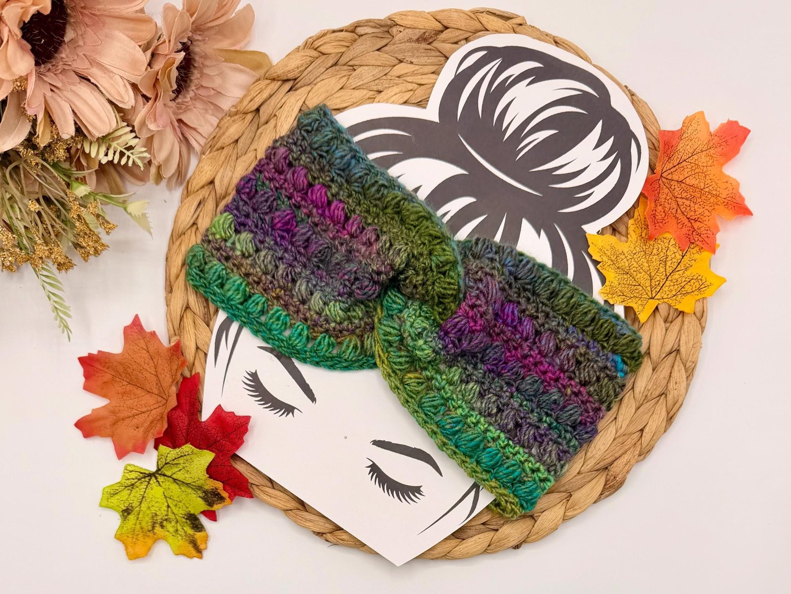 Boho Crochet Twist Ear Warmer, Handmade Vegan Acrylic Bobble Headband